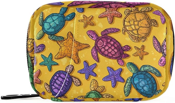 Colorful Turtles and Starfish Travel Pill Organizer Case Box Container Weekly Portable Vitamin Medicine Holder Storage Bag with Zipper Removable