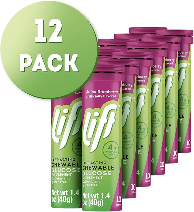 Lift Glucose Fast-Acting Glucose Chewable Energy Tablets, Raspberry, 10 ct Tube (Pack of 12)