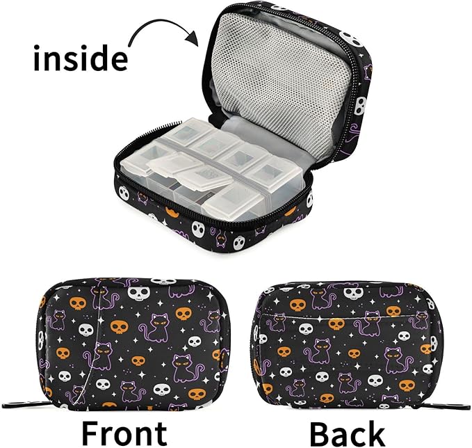 Halloween Skulls and Black Cat Pill Box 7 Day Pill Case Travel Pill Organizer Bag Container for Medicine with Zipper Portable Weekly Case Compact Size for Medicine, Vitamin, Supplement