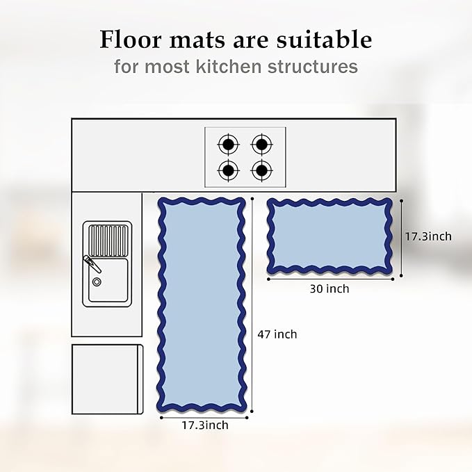 Scalloped Navy Blue Kitchen Mats Rugs Sets of 2 Cushioned Anti Fatigue Floor Mat Waterproof Kitchen Rugs Non Slip Foam Comfort Standing Mat for Sink Laundry