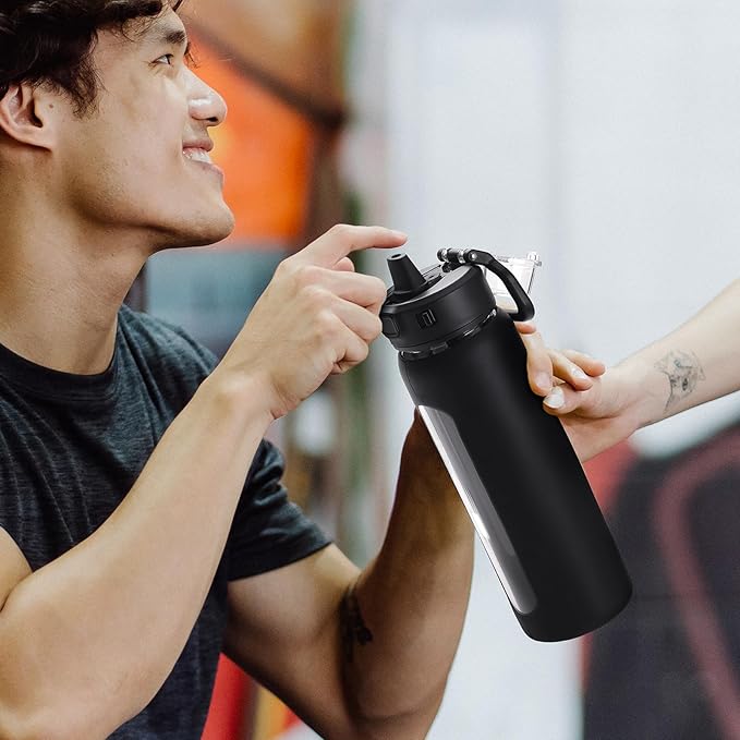 Kodrine Water Bottle With Straw and Carry Handle, Glass Water Bottle 24 oz Leak Proof Locking Lid with Soft Silicone Spout, Reusable Drinking Cups for Travel Sports with Time Marker,Black