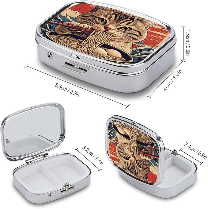 Metal 2 Compartment Pill Organizer Travel Friendly Portable Compact Pill Box Cute Pill Case,for Pocket Wallets Daily Portable Medicine Vitamin Tablet Storage (A cat Eating Noodles)