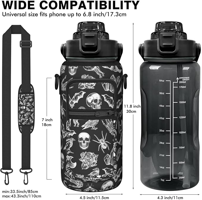 Goth Half Gallon Water Bottle with Sleeve -Flip Top Bpa Free 64 OZ - Motivational Time Marker Leakproof Water Jug - Goth Gifts for Women - Halloween Witchy Gothic for Gifts
