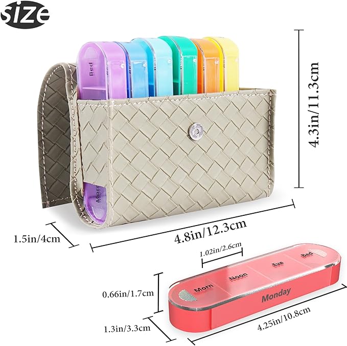 Pill Organizer,LIZIMANDU Weekly Travel Pill Case Box Medication Reminder Daily AM PM, Day Night 7 Compartments,for 4 Times A Day, 7 Days a Week-Includes Leather PU Carrying Case(1-Weave Green1)