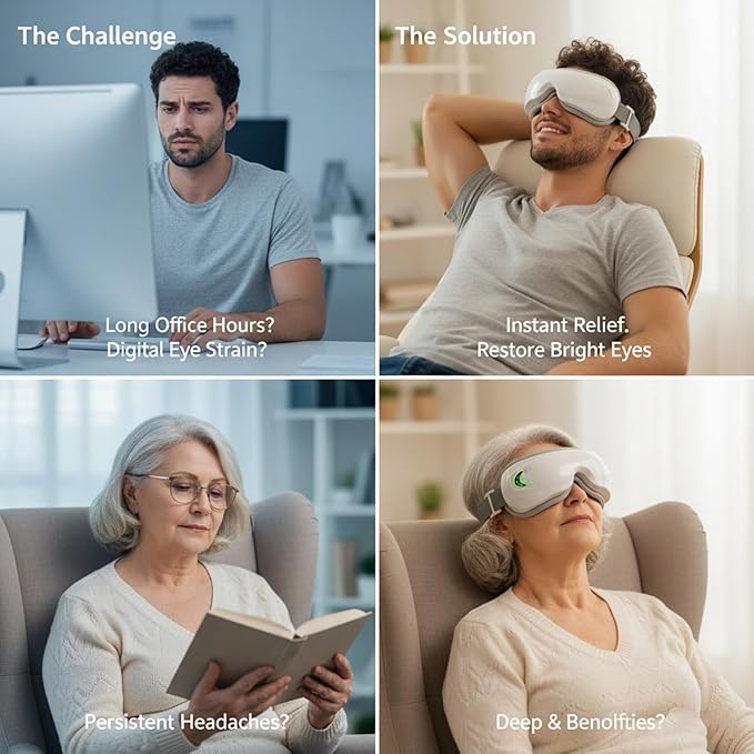Eye Massager with Heat and Music, Relaxation and Stress Relief Device. Heated Eye Mask Massage for Migraines & Headache Relief, Reduce Dry Eyes Improve Sleep. Birthday Gifts for Women Men Mom Dad Her