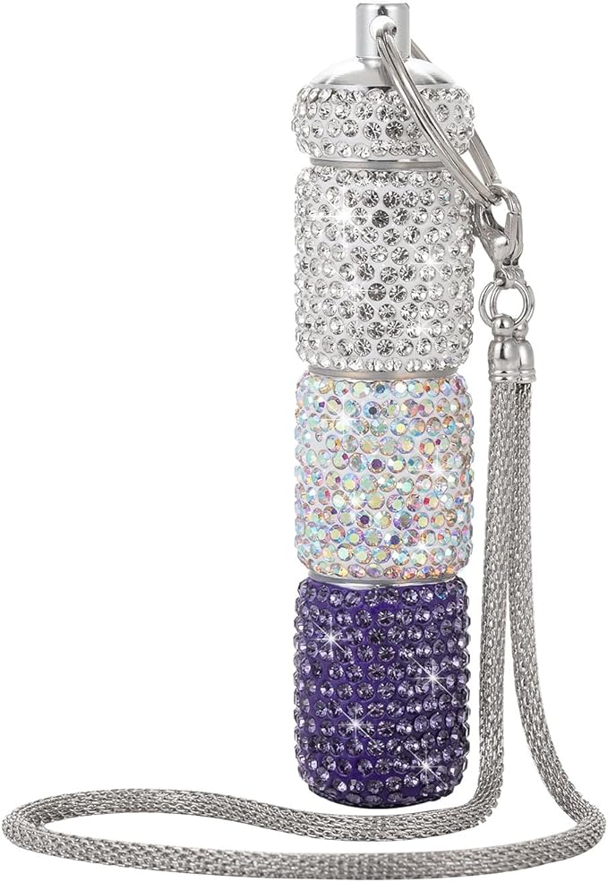 3 Compartment Small Pill Holder Keychain Bling Pill Container with Key Chain Travel Pill Organizer Medicine Box for Women (White+AB+Purple)