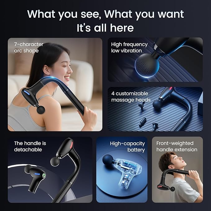 3-in-1 Massage Gun with Upgraded Extension Handle,Back Massager for Pain Relief, Portable Percussion Muscle Massager for Shoulder, Thigh, Waist & Neck Shoulders Waist Arm Legs Foot, 4 Replaceable