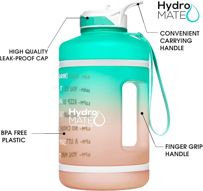 NatureWorks HydroMATE Half Gallon Water Bottle with Time Markers BPA Free Reusable Leak Proof Jug with Straw and Handle 64 oz