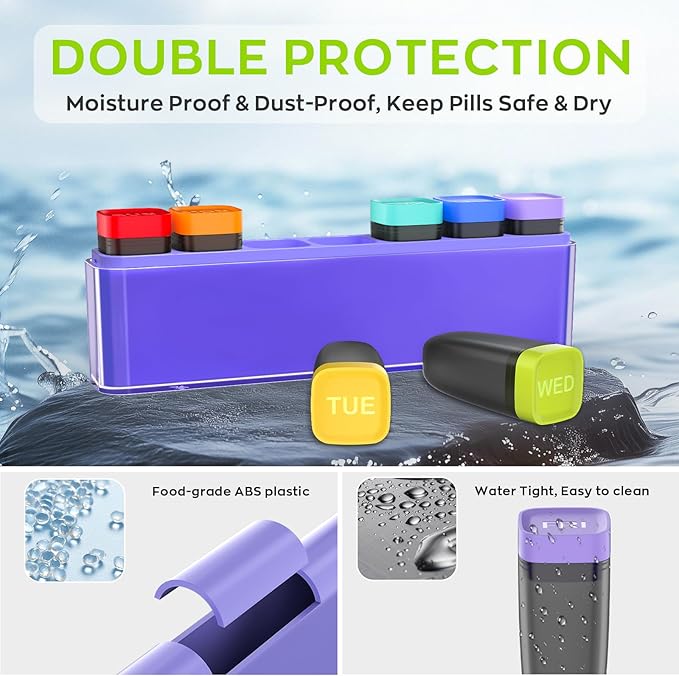 Weekly Pill Organizer 1 Time a Day, HIONXMGA Portable Detachable Travel Pill Box 7 Day, Large Once Daily Pill Holder Case, Color-Coded Dispenser for Vitamin Medicine Supplement Fish Oil, Purple