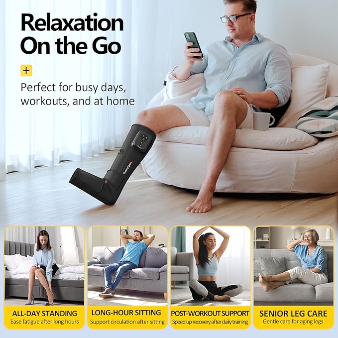 Comfytemp Cordless Air Compression Leg Massager for Circulation and Pain Relief FSA, Portable Foot and Calf Compression Boot for Swelling, HSA Eligible, Ideal for Mom Dad (1 Pack, Fits Calf 13"~19")