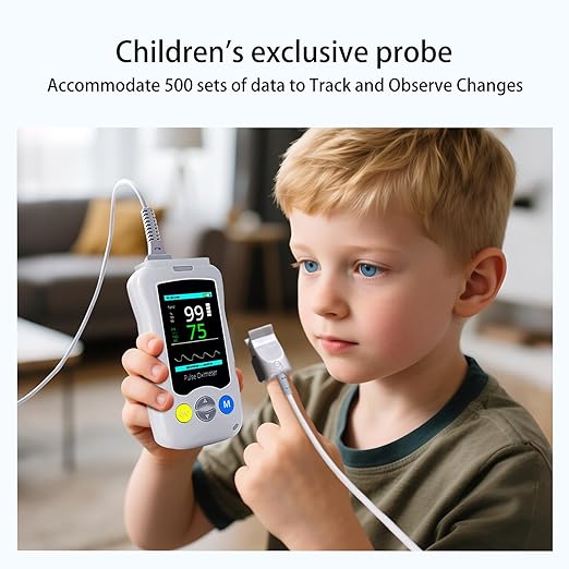 Handheld Pulse Oximeter for Kids, Medical Grade SpO2 Pulse Rate Oximeter Accurate Oxygen Monitor Children with Alarm and Continuous Monitoring, Portable and Support 500 Data Storage for Home