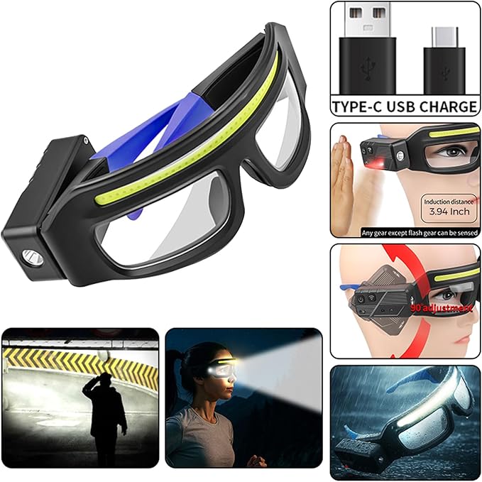 LED Headlight Glasses Rechargeable Headlight Glasses with Motion Sensor & Touch Control, Adjustable Safety Eyewear