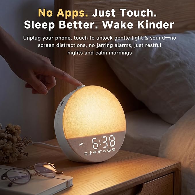 Sunrise Alarm Clock White Noise Machine | Natural Wake-Up Light for Bedroom with 30 Soothing Sleep Aids, Bluetooth Speaker, Dimmable Clock, Screen-Free Design for Baby Adults Kids-Grey