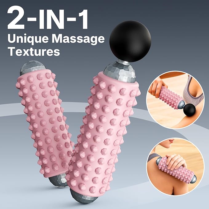 Mini Electric Massage Roller 4 Speeds Vibrating Massage Ball, 2-in-1 Portable Muscle Massager Gun & Roller for Muscle Relief, Detachable Heads, Rechargeable, For Fitness, Office, Travel (Pink)