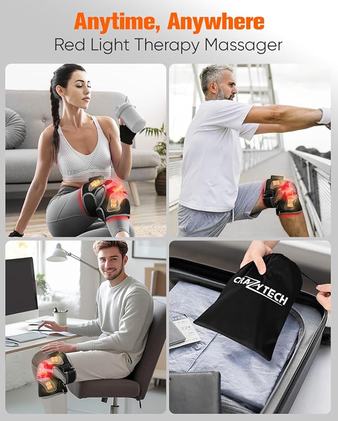 CRAZYTECH 3D Red Light Therapy for Knee, FSA Eligible HSA 5000mAh Cordless Knee Massager with 4 Vibration Areas, Infrared Heating Pad Wrap Device for Knee Elbow Shoulder, 660nm 850nm