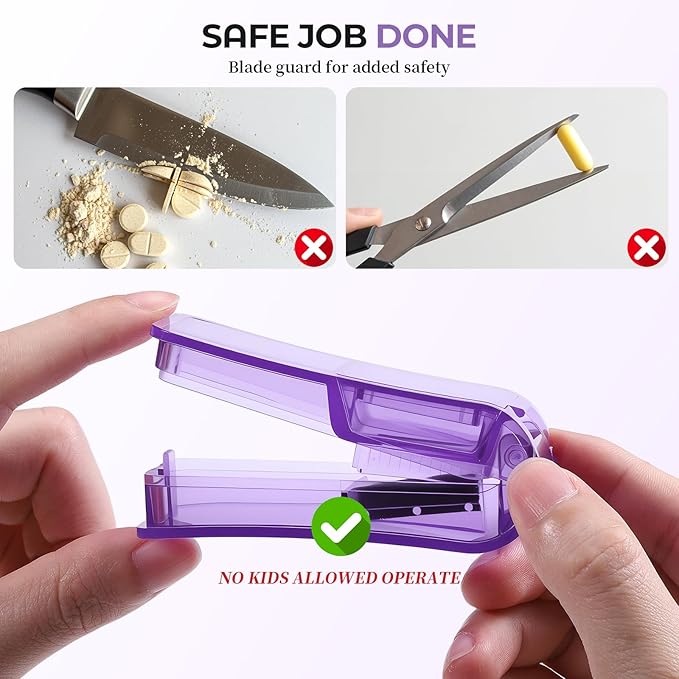 Daviky 2-Pack Pill Cutter for Small or Large Pills – Professional Pill Splitter with Sharp Stainless Steel Blade, V-Shape Holder & Doubles as a Pill Organizer – Not Suitable for Tiny Pills - Purple