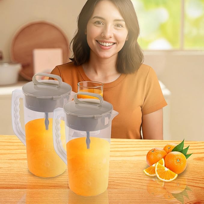 2 Quart/64oz Mixing Pitcher with Adjustable Plunger & Lid - BPA-Free, Leakproof Drink Container for Juice, Formula, Tea - Wide Mouth, Easy Clean, Vortex Mixing Technolog