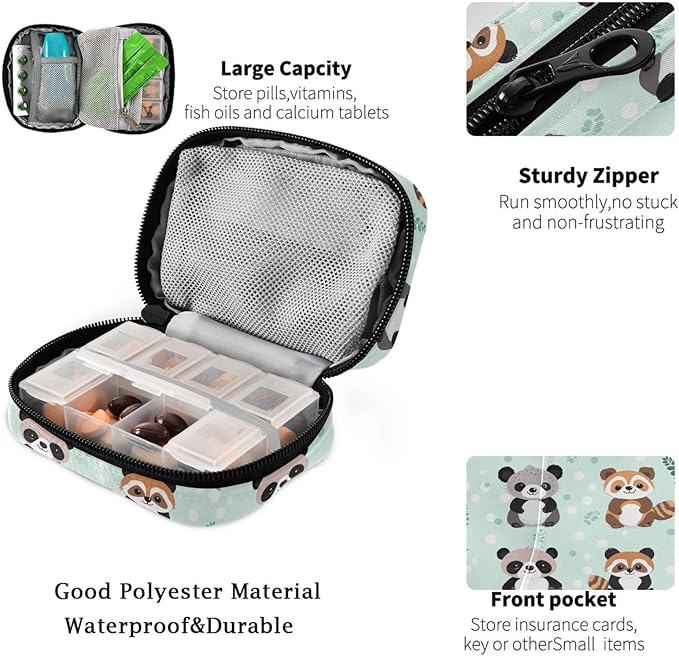 Fustylead Cute Koala Red Panda and Raccoon Travel Pill Case Bag with Zipper Weekly Pill Box 8 Compartments 7 Day Personal Pill Case Purse Medicine Case Organizer