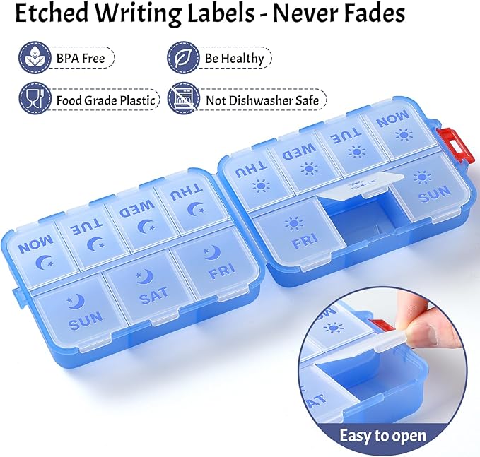 Foldable & Portable Weekly Pill Organizer 2 Times A Day with Etched Labels, Clear Blue + 3 Pack, 14 GRIDS Travel Pill Organizer Box