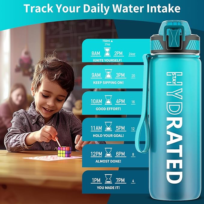 Water Bottle with Straw, 27oz Motivational Water Bottles with Time Marker to Drink, Tritan BPA Free, 750ml Sports Water Bottle with Carry Strap LeakProof for School Fitness Outdoor (1Pack)