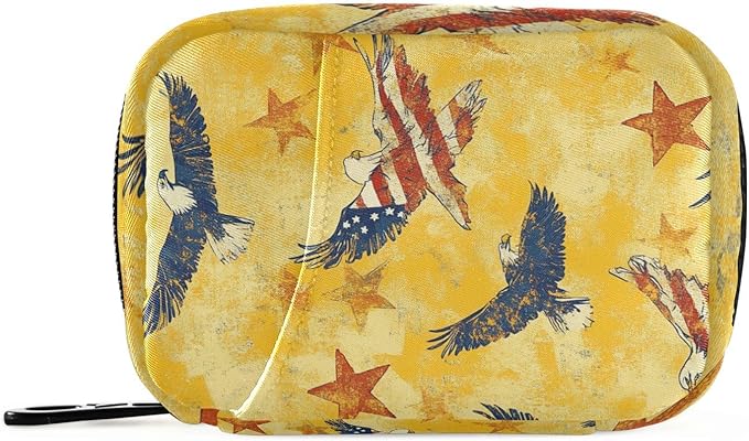 July 4th Bald Eagles Flag Yellow Cute Pill Organizer Weekly Travel Pill Box 7 Day Large Capacity Pill Dispenser Case with 8 Pill Container Daily Pill Box Organizer Vitamin Holder Pill Bot