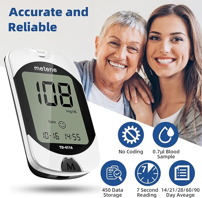 Metene TD-4116 Blood Glucose Monitor Kit & Metene TD-4116 Blood Glucose 200 Test Strips