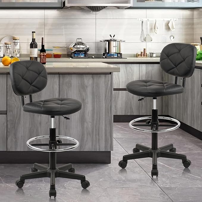 Leather Drafting Stool Chair with Ergonomic Backrest & Footrest, Padded Seat Adjustable Height 360° Swivel Rolling Stools, Tall Office Chair for Standing Desk, Shop, Drawing, Black, 4 Pack