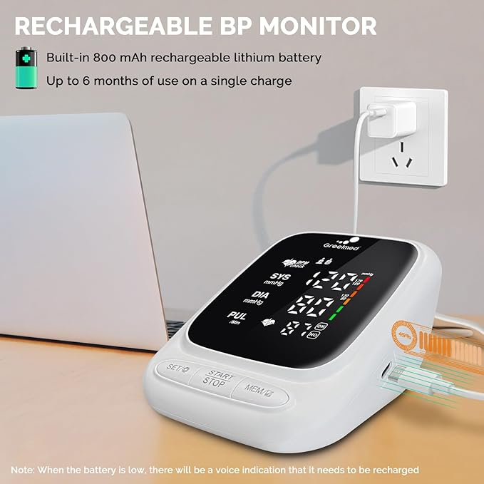 Blood Pressure Monitor Upper Arm Automatic Talking Blood Pressure Cuff, Rechargeable Blood Pressure Machine for Home Use Digital Led Display, Adjustable 8.7"-16.5" Large BP Cuff Dual User Model