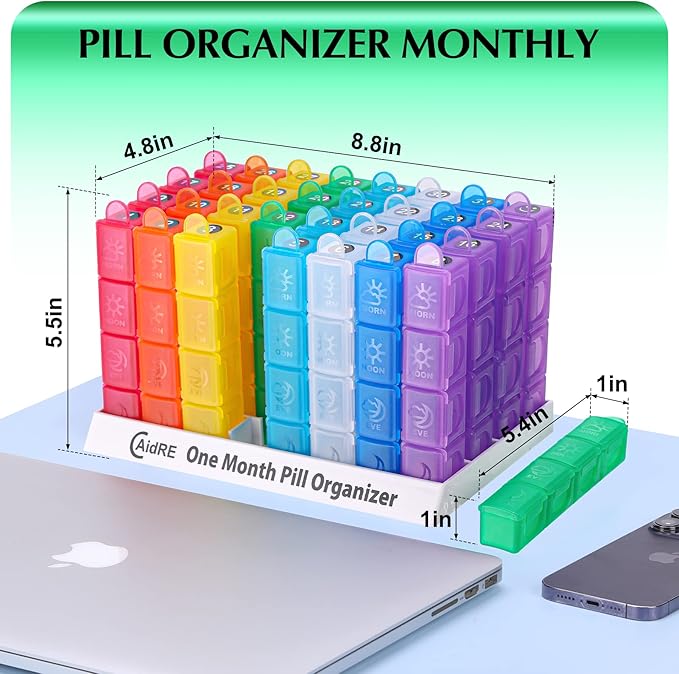 Monthly Pill Organizer 4 Times A Day, One Month Pill Organizer, Monthly Pill Box Organizer with 32 Daily Compartments for Fish Oil, Vitamins, Supplements and Medications, 31 Day Pill Case
