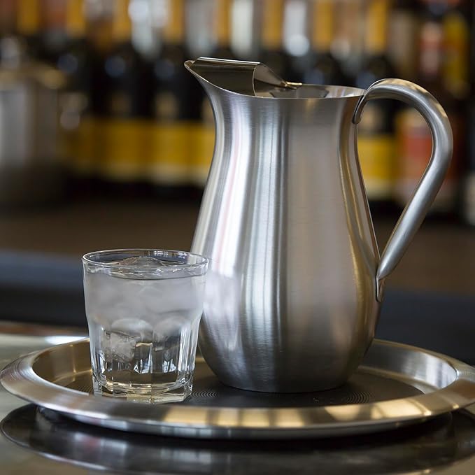 Service Ideas WPB2BS Water and Cold Beverage Pitcher with Built-in Ice Guard, Bell Shaped, 2 Liter (66.6 ounces), Dishwasher Safe, Brushed Stainless Steel