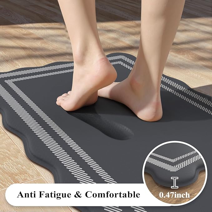 KIMODE Kitchen Mats Cushioned Anti Fatigue, Farmhouse Kitchen Rugs Sets of 2, Dark Grey Scalloped Rugs, Kitchen Floor Mat Non Slip, Comfort Standing Mat for Laundry Office Sink Desk 17"x47"+17"x29"