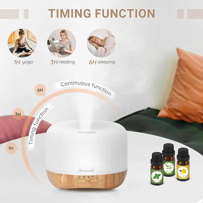 Aromatherapy Essential Oil Diffuser for Room: Colorful Aroma Air Humidifier with Adjustable Cool Mist Mode, Waterless Auto Off Ultrasonic Diffusers for Large Small Room Home Office 500ML