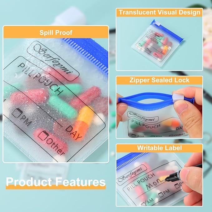 Serfeymi 72 Pcs Pill Pouch Bags for Travel Reusable Plastic Bags 3"x3" 12 mil (Double Sided) Translucent Zipper Pill Pouches for Medicine with Slide Lock & Writable Label, 1x Marker-Green+Blue+Yellow