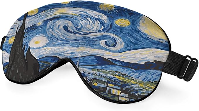 Starry Sky Sleep Eye Mask Eye Cover Van Gogh Night Sky Moon Tree Village Silk Eye Mask for Sleeping with Adjustable Strap for Travel Nap Shift Work Office