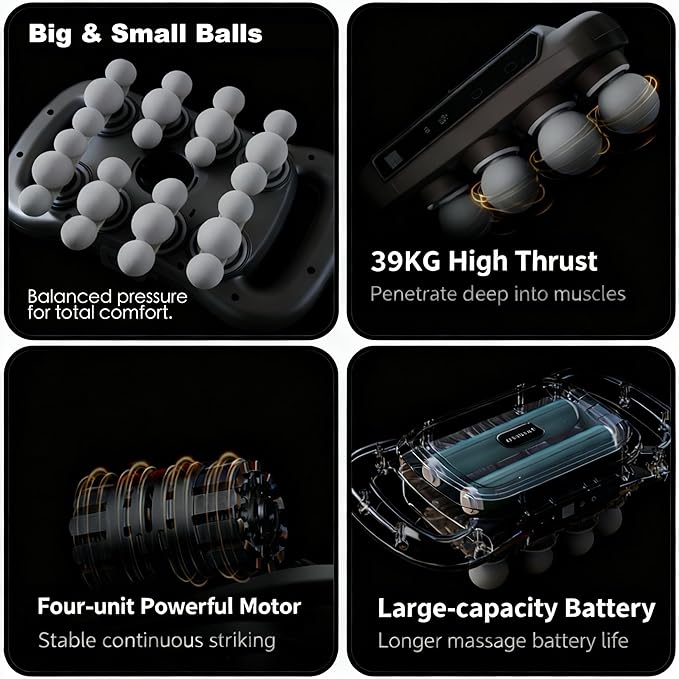 24-Head Deep Tissue Massage Gun Set – Portable Percussion Massager with 9 Modes & 9 Intensities, Quiet Rechargeable Handheld Body Massager (Gray)