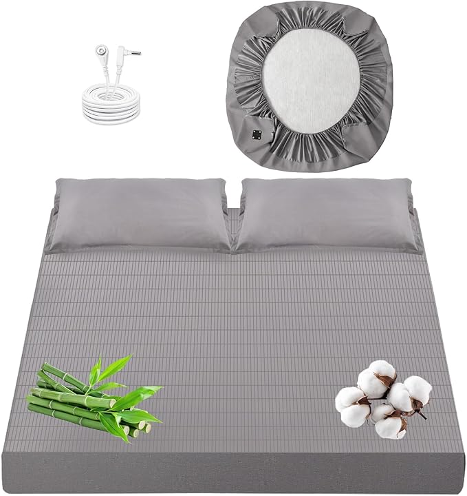 Queen Size Grounding Sheet, Earthing Fitted Bed Sheet with 50% Bamboo Viscose, 45% Organic Cotton, 5% Silver Fiber for Deep Sleep & Anxiety Relief