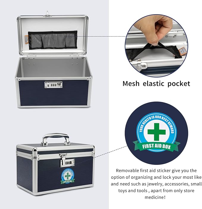 Lockable Medication Box with Portable Storage Case, 12.2 x 7.2 x 7.6 Inch, Childproof Medicine Organizer with Combination Lock, Locking Box for Money, Documents & Meds (Blue/Medium)