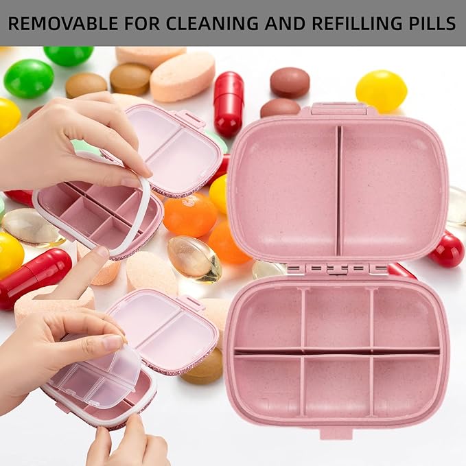 Cute Pill Organizer Small Bling Pill Case for Purse Medicine Vitamin Container Holder Daily Pill Box Container for Women Travel Medicine Kit(Letter C Pink)