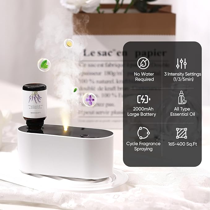Waterless Diffuser for Essential Oil, Battery Operated Scent Air Aromatherapy Diffuser, Mini Aroma Diffusers with 3 Intermittent Mist Modes, Cycle Start for 400-700 sq.ft Home Office Bedroom.