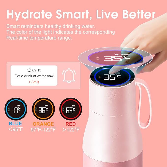VSITOO 15oz Mini Smart Water Bottle，Self-Cleaning Insulated Bottle, Small Thermoses with AI, App & Touchscreen, Perfect Purse Water Bottle for Travel, Gym & Office, Pink