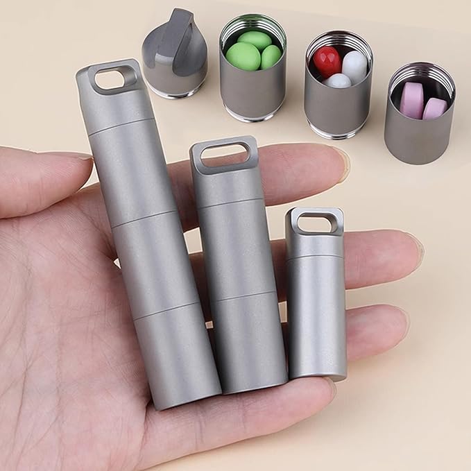 Small Keychain Pill Holder,304 Stainless Steel Portable Pill Case Organizer for Travel,Waterproof Pocket Pill Container Medicine Box for Purse Men (Mini Pill Case), Silver