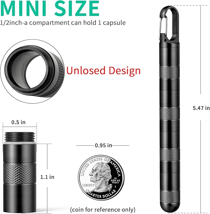Micro Pill Holder Keychain Titanium Pill Case for Purse Small Pill Container Travel Black Pill Box Medicine Bottle Organizer for Vitamin Fish Oil Supplement (Black+3 Unclosed Extension Tube)