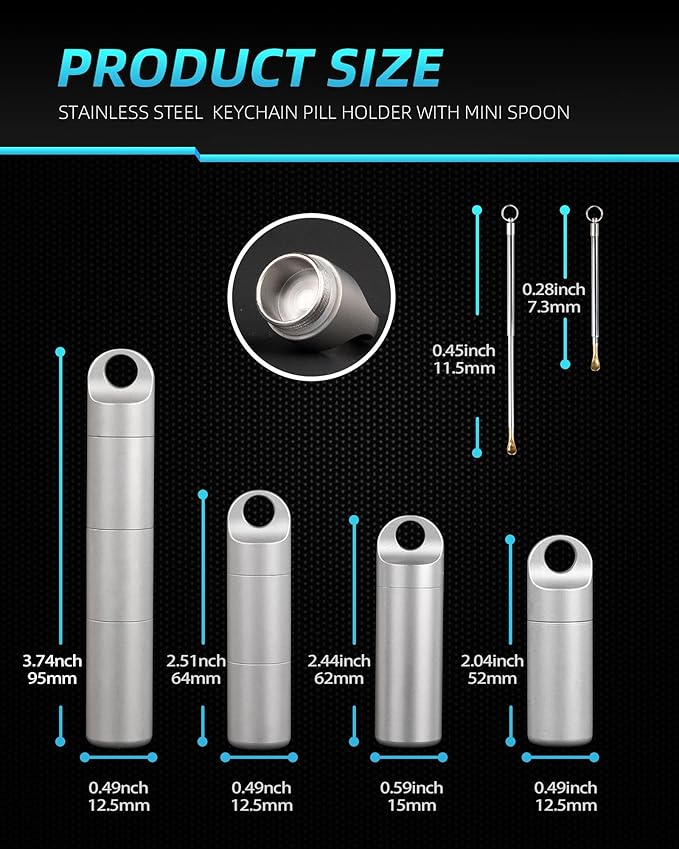 Small Keychain Pill Holder,304 Stainless Steel Portable Pill Case Organizer for Travel,Waterproof Pocket Pill Container Medicine Box for Purse Men (0.61in with Spoon)