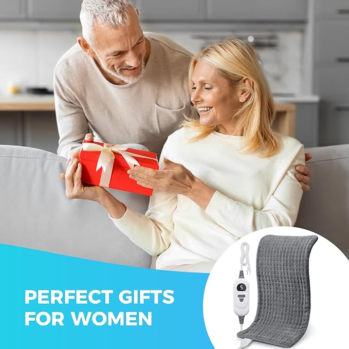 NOWWISH Heating Pad for Back, Period Cramps, Neck and Shoulder, 12x24 Inches Electric Throw with 6 Heat Settings, Timer and Auto Shut Off, Machine Washable, Birthday Gifts for Women Men, Grey