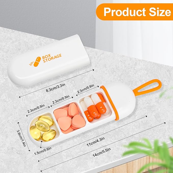 Toplive 2 Pack Travel Pill Organizer, Portable Pill Container Mini Daily Pill Organizer, Small Pill Case Travel Medicine Organizer Pocket Vitamin Supplement Fish Oil Box, White Orange & White Grey