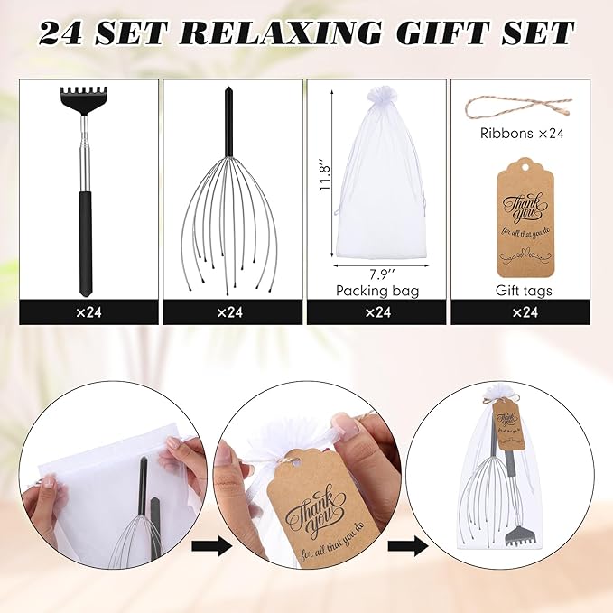Hoolerry 24 Sets Massage Gifts Head Massager Back Scratcher Fingers Head Scratcher Manual Scalp Massager Valentine's Day for Body Home Office Spa Stress Relief Relaxation Women Men(Black)