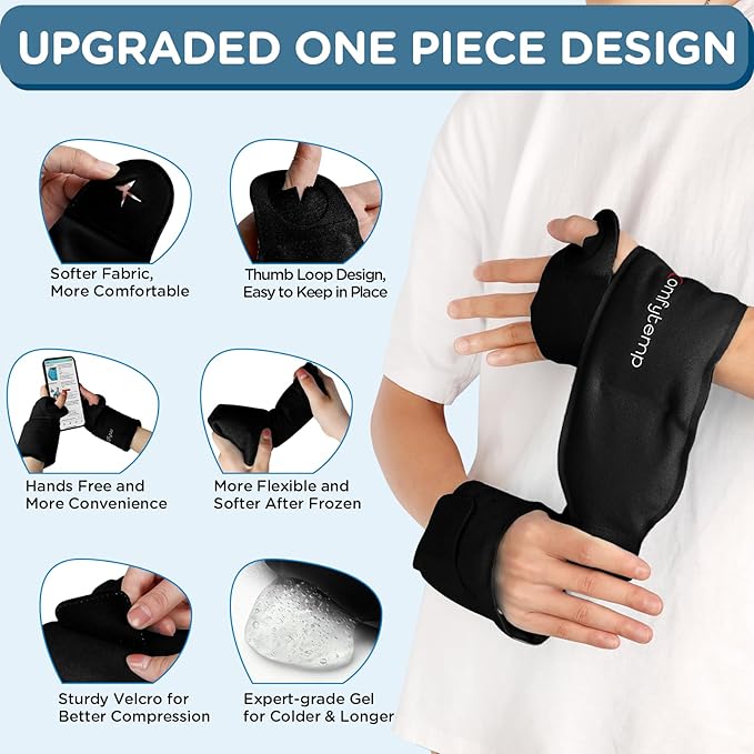 Comfytemp Wrist Ice Pack Wrap for Carpal Tunnel Relief, 2 Gel Packs, Hot Cold Compression Brace for Hand Injuries Reusable, Tenosynovitis, Recovery Items for Men Women (Black)