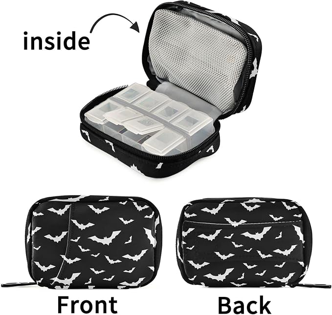 Halloween Bats Pill Case Portable Weekly Pill Box Bag Container 7 Days Pill Organizer Vitamin Supplement Holder with Zipper for Travel Family Business