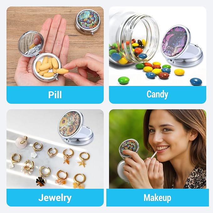 Molain 20Pcs Pill Organizer, Pill Box with Mirror, Portable Small Pill Case for Purse or Pocket, Cute Metal Pill Holder for Travel, Vitamins, Medication, Supplements