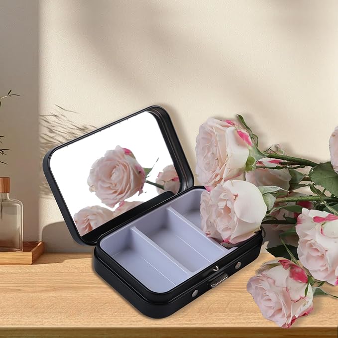 2 PCS Pill Box with Mirror, Portable 3 Compartment Medicine Pill Organizer, Cute Small Pill Case Supplement Organizer Pill Holder for Purse Travel(Black)